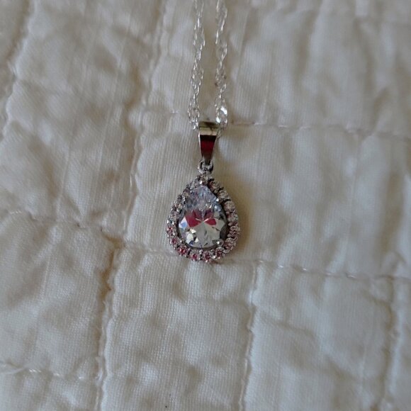 Vintage Lab Created Tear Drop Diamond Surrounded by White Sapphires 16" 925 SS - Picture 1 of 10